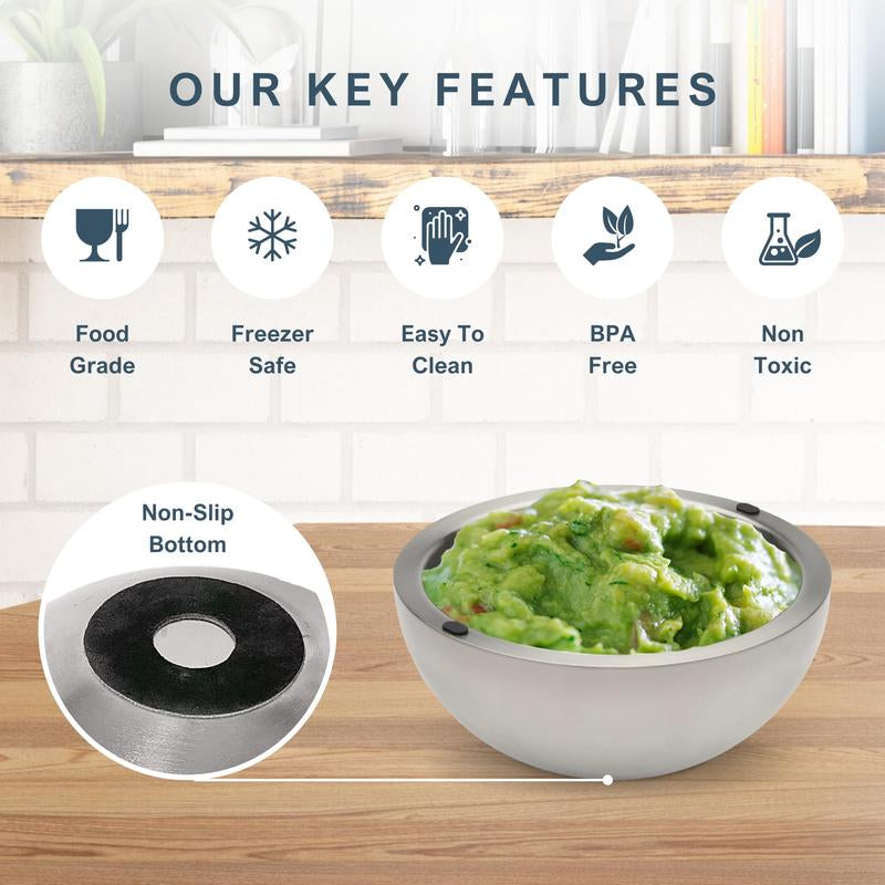 Dip Chiller Bowl - Large 35Oz Capacity - Frozen Ice Stainless Steel Party Serving Bowl - Insulated Dip Dish Platter Keeps Salsa, Guacamole, Condiments, Sauces, Salad & Food Hot or Cold (1 Bowl)
