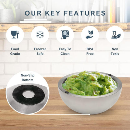 Dip Chiller Bowl - Large 35Oz Capacity - Frozen Ice Stainless Steel Party Serving Bowl - Insulated Dip Dish Platter Keeps Salsa, Guacamole, Condiments, Sauces, Salad & Food Hot or Cold (1 Bowl)