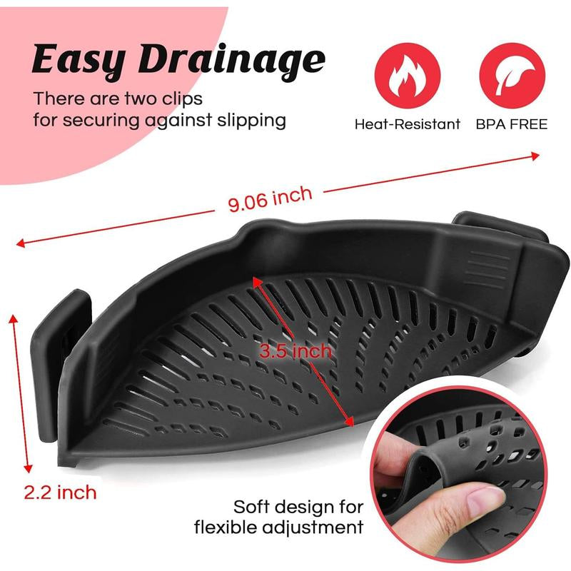 Pasta Strainer, Pot Strainer Clip on Silicone – Adjustable Clip on Strainer for Pots, Strainers and Colanders, Silicone Strainer, Food Strainer, Pasta Drainer, Colander (Black)