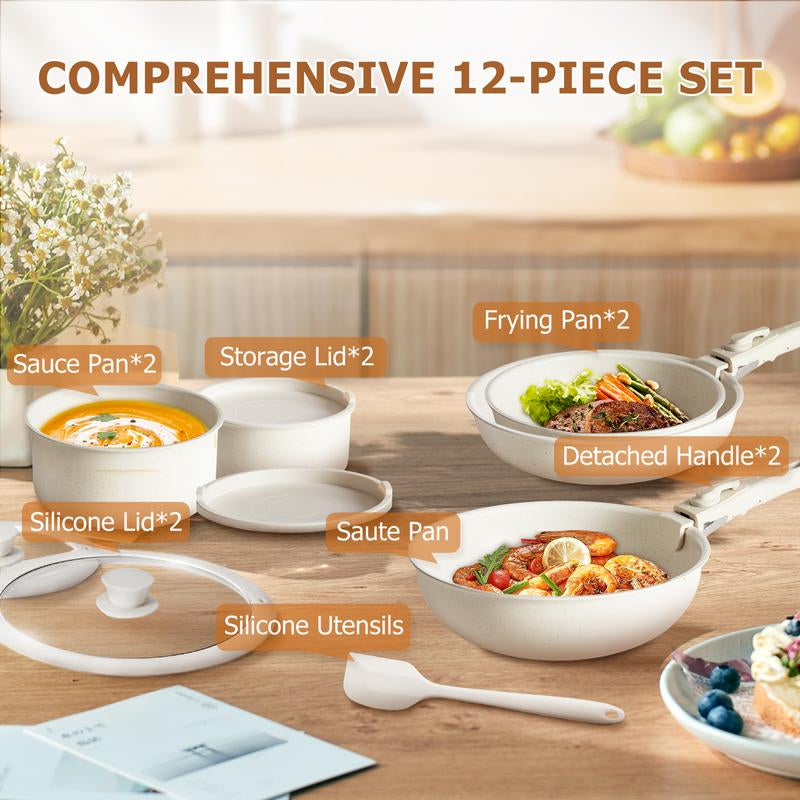 [Summer Deal] 12 Pcs Pots and Pans Set Nonstick - Kitchen Cookware Set with Detachable Handle, Induction Cookware, Dishwasher Oven Safe Kitchenware Cooking