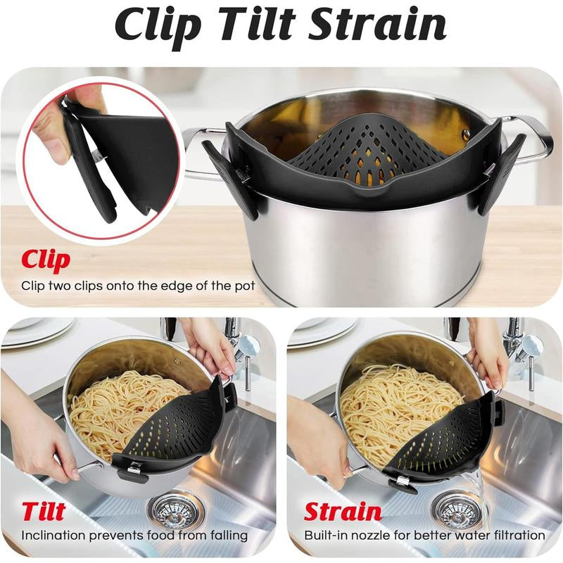 Pasta Strainer, Pot Strainer Clip on Silicone – Adjustable Clip on Strainer for Pots, Strainers and Colanders, Silicone Strainer, Food Strainer, Pasta Drainer, Colander (Black)