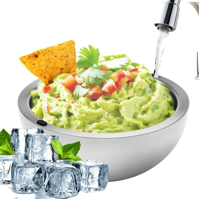 Dip Chiller Bowl - Large 35Oz Capacity - Frozen Ice Stainless Steel Party Serving Bowl - Insulated Dip Dish Platter Keeps Salsa, Guacamole, Condiments, Sauces, Salad & Food Hot or Cold (1 Bowl)