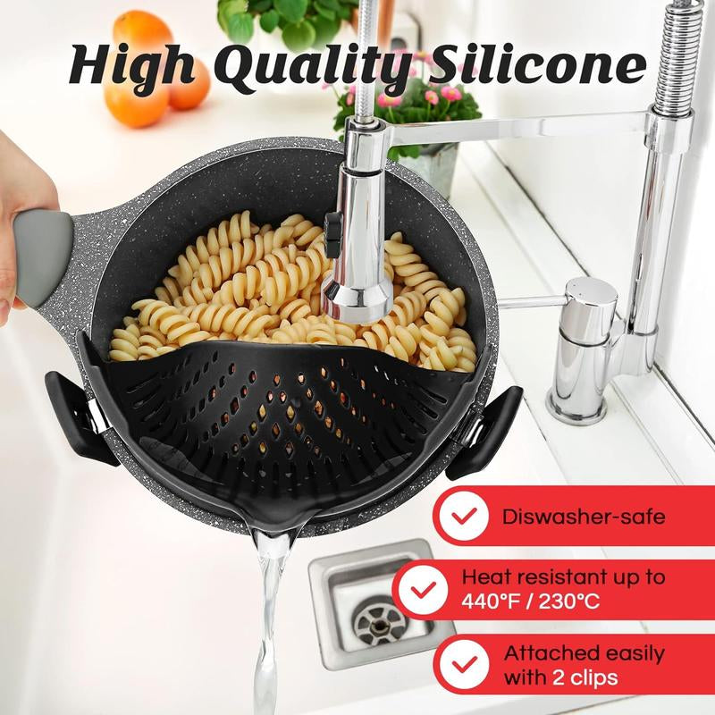 Pasta Strainer, Pot Strainer Clip on Silicone – Adjustable Clip on Strainer for Pots, Strainers and Colanders, Silicone Strainer, Food Strainer, Pasta Drainer, Colander (Black)