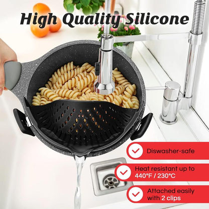 Pasta Strainer, Pot Strainer Clip on Silicone – Adjustable Clip on Strainer for Pots, Strainers and Colanders, Silicone Strainer, Food Strainer, Pasta Drainer, Colander (Black)
