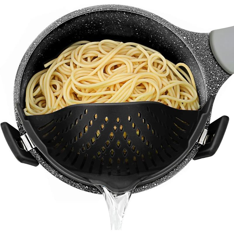 Pasta Strainer, Pot Strainer Clip on Silicone – Adjustable Clip on Strainer for Pots, Strainers and Colanders, Silicone Strainer, Food Strainer, Pasta Drainer, Colander (Black)